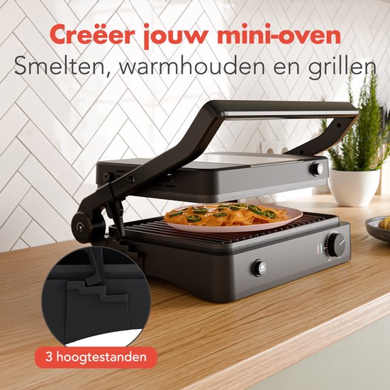 KitchenBrothers Contactgrill - Grill Apparaat - Uitneembare Grillplaten - Panini Grill - 3 hoogtestanden - Tosti ijzer - 2000W - Zwart