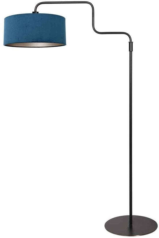 Zwarte Vloerlamp Bloeba 4169ZW van Steinhauer met verstelbare hoogte (150-165 cm) en uitrekbare zwenkarm tot 66 cm, metalen basis met blauwe velours kap Ø40cm, trendy design voor binnen.