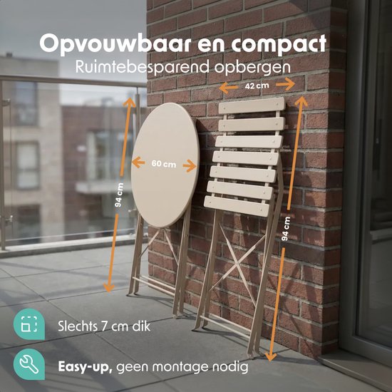 LifeGoods Bistroset - Staal - 3-delig - Tuinset - Inklapbaar - Balkonset met Tafel - Weerbestendig - Taupe