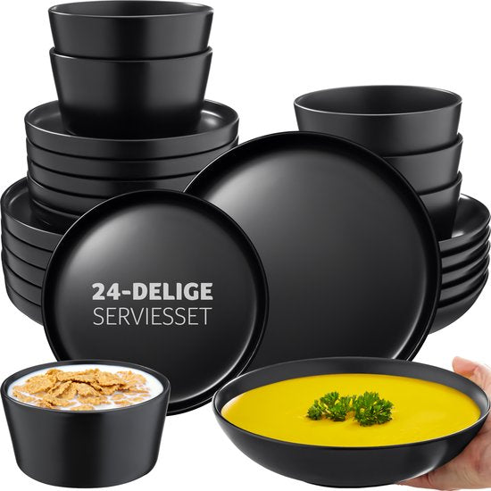 tectake® Serviesset Una - 24-delig - Aardewerk 6 personen - Stijlvol, duurzaam en ideaal voor dagelijks gebruik of feestelijke gelegenheden - Grote en kleine borden, kommen/schaaltjes - mat zwart