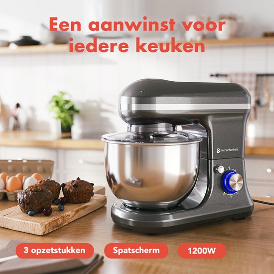 KitchenBrothers Keukenmachine - Keukenrobot - 5L - Keukenmixer - 1200W - Antraciet