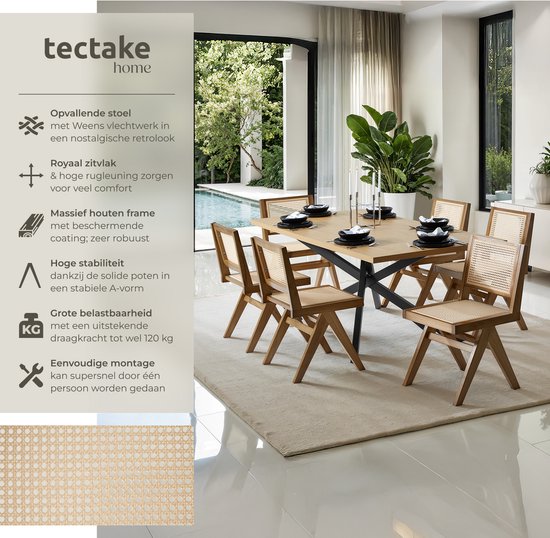 tectake® Houten Stoel Lizzy - Licht Eiken - Eetkamerstoel met Weens Vlechtwerk - Boho-Stijl Stoel met Rugleuning - Massief Houten Frame - Belastbaarheid 120 kg