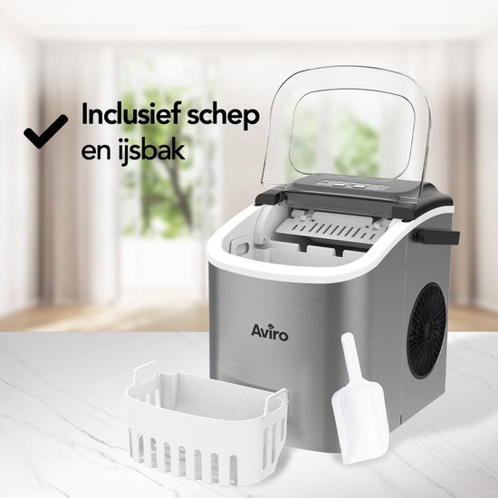 Aviro IJsblokjesmachine - 1,3L - Met IJsschep - Zelfreinigingsfunctie - 12KG / 24U - 9 Blokjes / 6 Min - Zilver