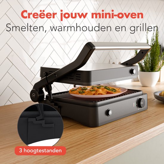 KitchenBrothers Contactgrill - Grill Apparaat - Uitneembare Grillplaten - Panini Grill - 3 hoogtestanden - Tosti ijzer - 2000W - RVS