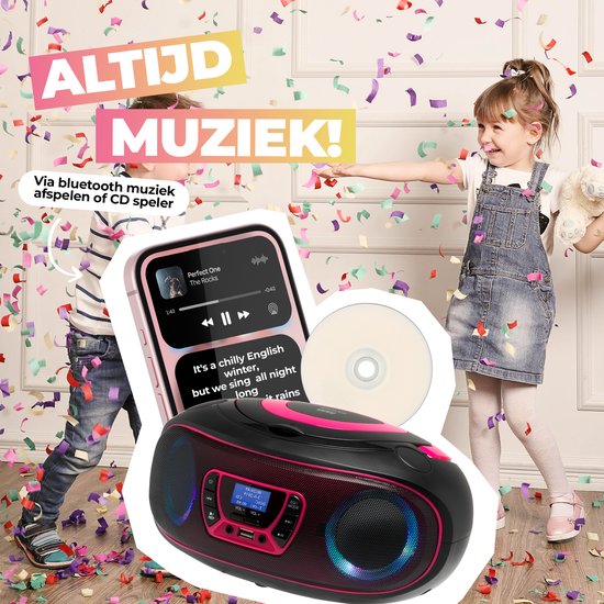Denver Draagbare DAB Radio CD Speler Kinderen - Bluetooth - Lichteffecten - Boombox - AUX - FM - TDB212PINK