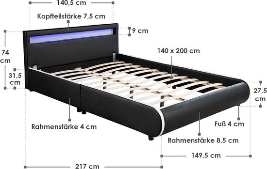 Gestoffeerd bed Sevilla - 140 x 200 cm - Zwart - LED Verlichting