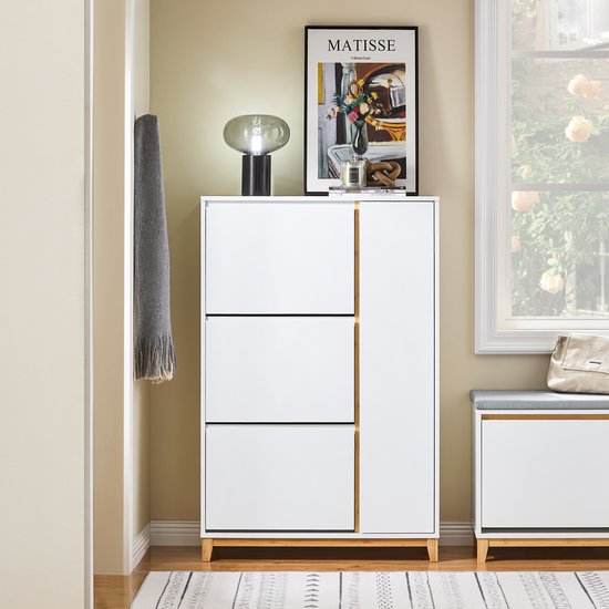 SoBuy FSR189-WN Schoenenkast - Witte Houtcomposiet met 3 Kleppen & Deur
