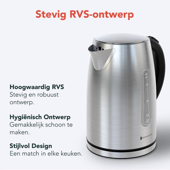 KitchenBrothers Waterkoker - Elektrisch - 1,7L - 2200W - RVS Waterkoker - Zilver/RVS