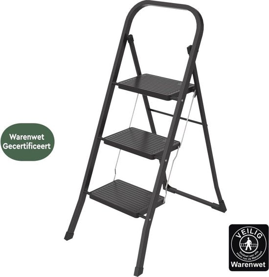 BRASQ Huishoudtrap 3-treden Zwart - keukentrap inklapbaar metaal voor Particulier en professioneel gebruik - Trap Ladder - Anti slip