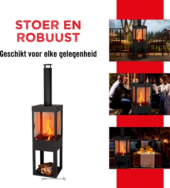 BBQ Collection Houtkachel met Schoorsteen - Tuinhaard 194 x 44 x 47 cm - Terrashaard met Vonkenscherm - Terraskachel met As-Opvangbak en Brandhout Opslag - Houtkachel Tuin - Carbon Staal
