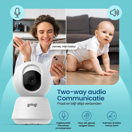 Gologi Babyfoon met Camera – Baby Monitor – Baby Camera - Op afstand bestuurbaar via App en Scherm - Wit
