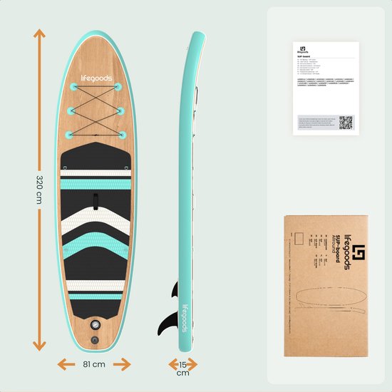 LifeGoods PaddlePro SUP Board - Opblaasbaar Paddle Board - Complete Set - Max. 150KG - 320x81cm - Hout/Mintgroen