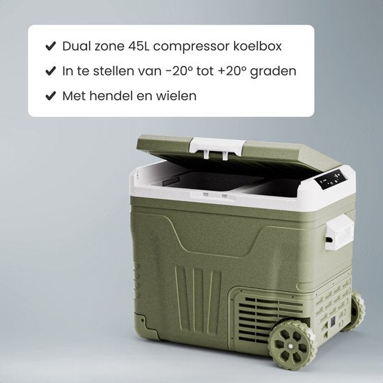 Auronic Elektrische Koelbox - Compressor - 2 Zones - 45L - 12/24V en 240V - Koelen en Vriezen - Camping Koelkast - Frigobox Auto - Met Wielen en Hendel - Groen