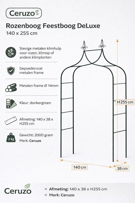 Ceruzo Rozenboog 255 cm – Metalen Tuinboog – Klimhulp – Feestboog - Donkergroen