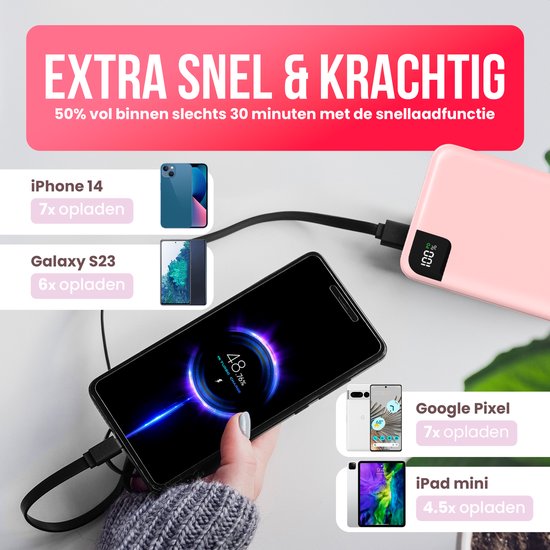 Strex Powerbank Roze - 27.000 mAh - 22.5W Snellader - USB-A/USB-C - LED Indicatie - Universele Powerbank geschikt voor o.a. iOS/Android
