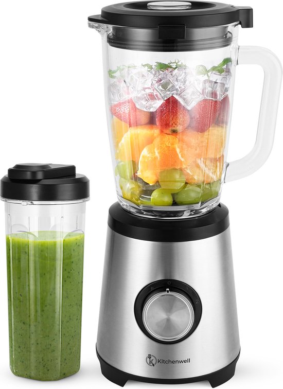Kitchenwell Blender – Incl. To-Go Beker & Pulsefunctie – 1300 W – 17.2 x 21 x 43 cm – Grijs