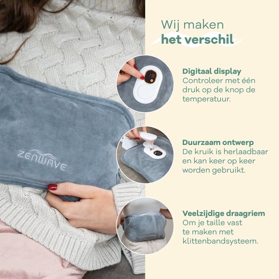 Zenwave Elektrische Kruik met Hoes - Digitaal Display - Warmtekruik & Waterkruik met Handwarmers - Oplaadbare Warmtekussen - Menstruatie Warmteband - Duurzaam & Draadloos - Kamperen & Outdoor - Warmwaterkruik Grijs
