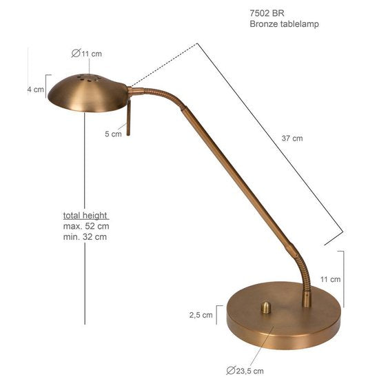 Bronskleurige tafellamp Biron 1 lichts 7502BR met draaibare en kantelbare arm, 48 cm, van metaalmateriaal, Mexlite