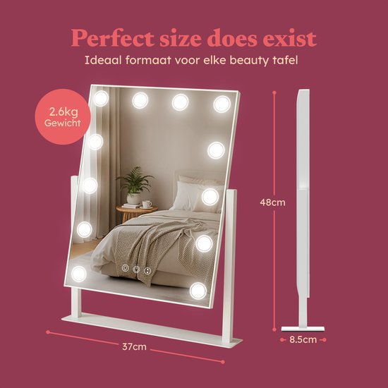 Fraay® Hollywood Spiegel met Verlichting 41x30cm - 3 Lichtstanden - Make Up Spiegel met 10x Vergrootspiegel - LED Spots Verlichting Dimbaar - Incl. Beauty Blenders en Powder puff