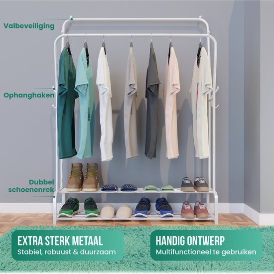 Avalo Industrieel Kledingrek Dubbele Stang - Metaal - 110x33x150 CM - Wit - Opbergruimte Voor Schoenen - Garderoberek Met Haken