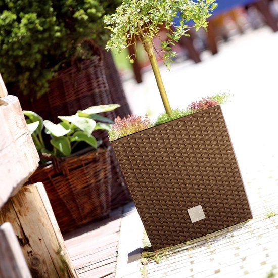 Prosperplast Bloempot/plantenpot Rato - rotan look - met binnenpot - bruin - 32 x 32 x 33 cm - kunststof