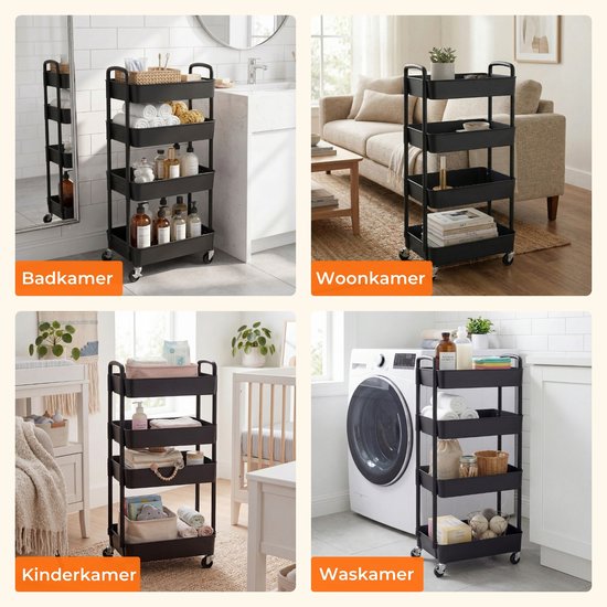 Posity Keukentrolley op wieltjes – Serveerwagen / Opbergtrolley / Keukenrek / Trolley Keuken – Verrijdbaar en Vast – 4 Lagen – Kunststof – Zwart
