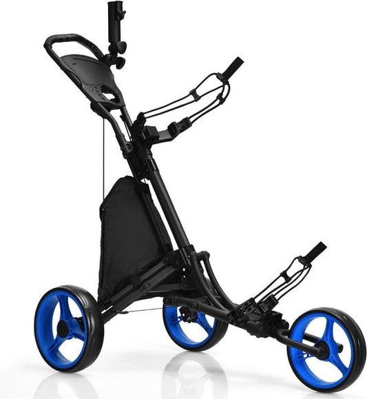 Coast Opvouwbare Golftrolley – 3 Wielen – Met Scorebord, Scherm & T-Stuk Beugel – Zwart/Blauw