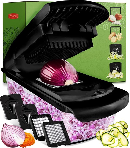 Stosh Mandoline - Groentesnijder - Uiensnijder - Spiraalsnijder - 4 Delig - Zwart - BPA vrij
