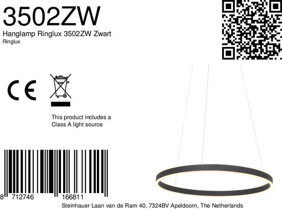 Hanglamp Ringlux 3502ZW Zwart 60cm Design Metaal Steinhauer - Hoogte instelbaar, ideaal voor binnengebruik
