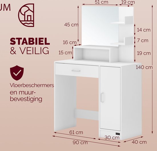 Casaria Makeup tafel Jocelyn - Spiegel Lade 3 Planken 90x40cm – Wit