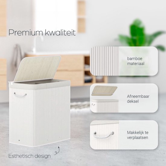 Organess wasmand 3 vakken - Wassorteerder - Wasmand met deksel - Opvouwbaar - 150L - Witte bamboe