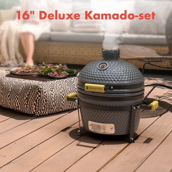 KitchenBrothers Kamado BBQ - 16 Inch Houtskool Barbecue - 34⌀ cm - PFAS-vrij - Deluxe Set - Egg BBQ met Accessoires - Grijs