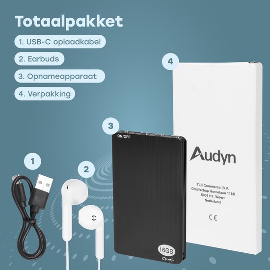 Audyn Voice Recorder - 200 Uur Audio Opname - Afluisterapparatuur op Afstand - Dictafoon - 360° HD Opnames - 16GB - Zwart