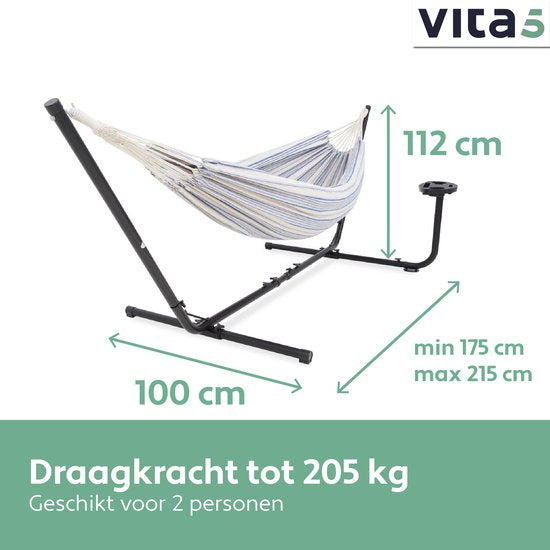 Vita5 Hangmat met Standaard – 2 Persoons – Incl. Bekerhouder – 205kg Draaggewicht – Blauw/Wit