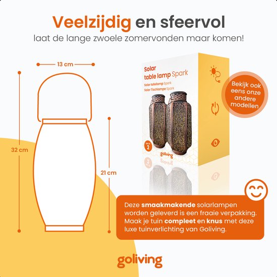 Goliving Solar Tafellamp Spark – Buitenlamp – 2 Stuks – Buiten Lantaarn – Tuinverlichting op Zonne-energie – LED Buitenverlichting – Hanglamp – 21 cm – Metaal – Brons
