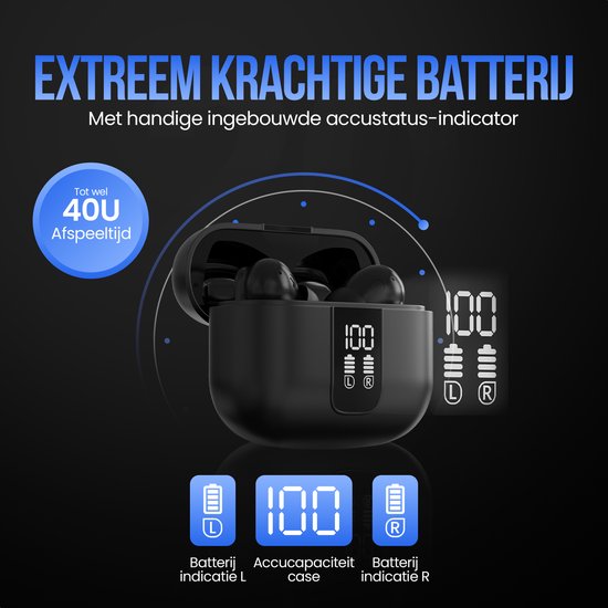 Strex Draadloze Oordopjes - Active Noise Cancelling - LED Display - Draadloze Oortjes Bluetooth - Oortjes Draadloos - Bluetooth 5.3 - Zwart