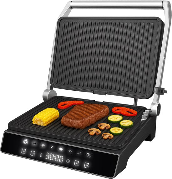 AoraKitchen Contactgrill - 180º Uitklapbaar - Grill Apparaat met Uitneembare Platen - 7 Standen - Tosti en Panini Ijzer - 2000W