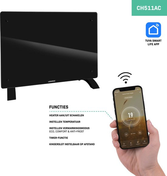 VONROC Luxe elektrische kachel - Convectorkachel met glazen paneel – 750W/1500W - Verwarmt ruimtes tot 18m2 - Bediening zowel met app (via Wifi) als handmatig – Instelbare thermostaat en timer - Zwart