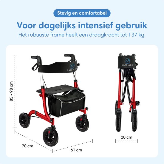 Safe Life® Rollator lichtgewicht en opvouwbaar - zitfunctie - voor binnen en buiten - Rugleuning en wandelstok houder - Rood