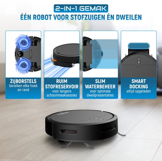 Powell Robotstofzuiger - Robotstofzuiger met Dweilfunctie - Robotstofzuiger met Laadstation - Robot Stofzuiger - Dweilrobot - Zwart