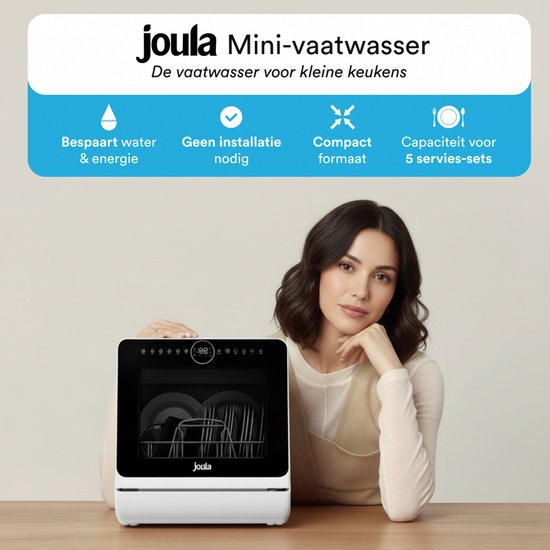 Joula Vrijstaande Mini Vaatwasser met Waterreservoir - 7 Wasprogramma's - 5 Couverts - Kleine Vaatwasser - Smalle Camping Afwasmachine Vrijstaand - 43x43x46 cm - Wit