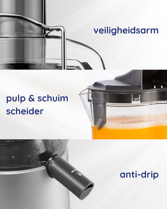 Safecourt Kitchen Sapcentrifuge – 3 Snelheden & Schuimseparator – 1200 W – 32 x 19 x 41 cm – Zilver