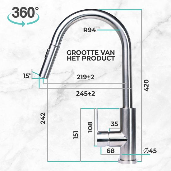 Mizzo Trigo Hoge Keukenkraan - Antibacteriële Sproeikop - 44 cm Hoog - Mat RVS