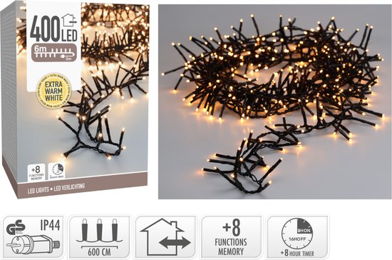 Maxi Cluster Kerstverlichting - 400 led - 6m - extra warm wit - Timer - Lichtfuncties - Geheugen - Buiten