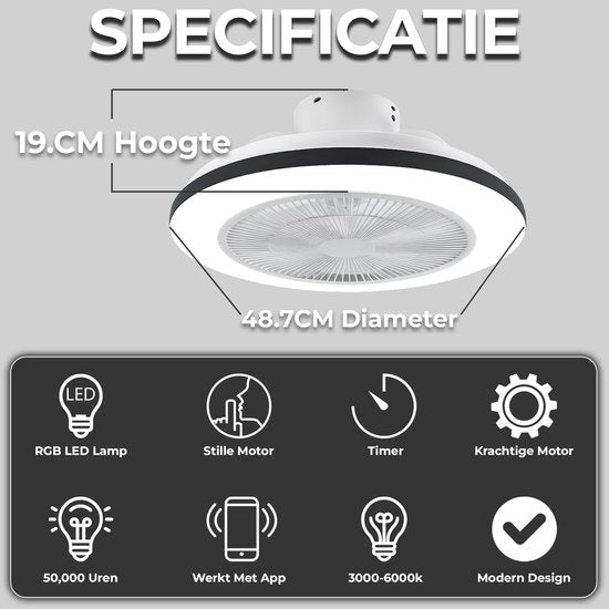 WERYOU® illuminAIR Plafondventilator - Plafonniere - Plafondventilator met verlichting - Plafonniere - Ventilator lamp - Tuya Wifi Smart - RGB Ledlamp - Plafondlamp - Incl Afstandsbediening - Dimbaar - ⌀56CM