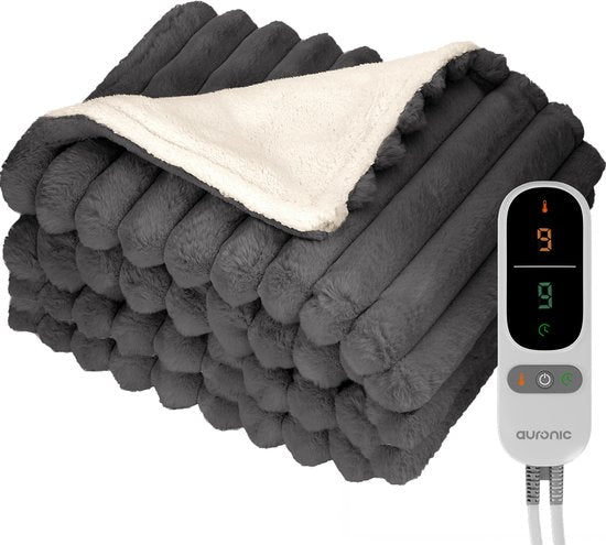 Auronic Elektrische Deken - 200 x 180cm - 2 Persoons - Warmtedeken - 3 Warmtestanden - Pluche - verwarmingsdeken - Antraciet