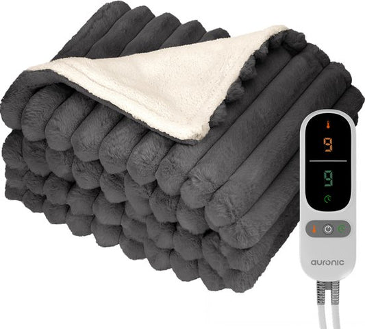Auronic Elektrische Deken - 200 x 180cm - 2 Persoons - Warmtedeken - 3 Warmtestanden - Pluche - verwarmingsdeken - Antraciet