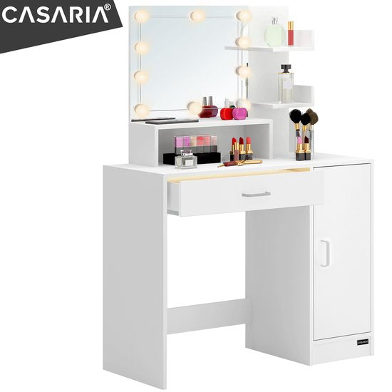 Casaria Make up tafel Jocelyn - Lade Spiegel LED 3 Planken 140x110 - Wit
