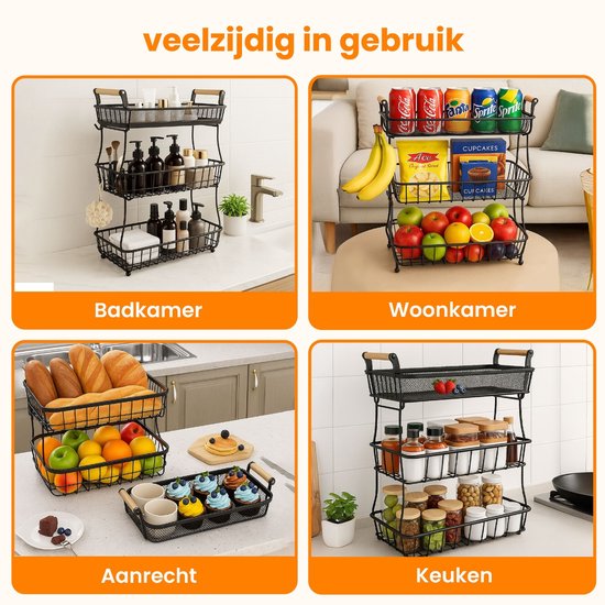 Posity Fruitschaal 3 Laags - Fruitmand - Fruit Etagere - Groentemand - Draadmand - Met bananenhouder - Hout & Metaal - Zwart