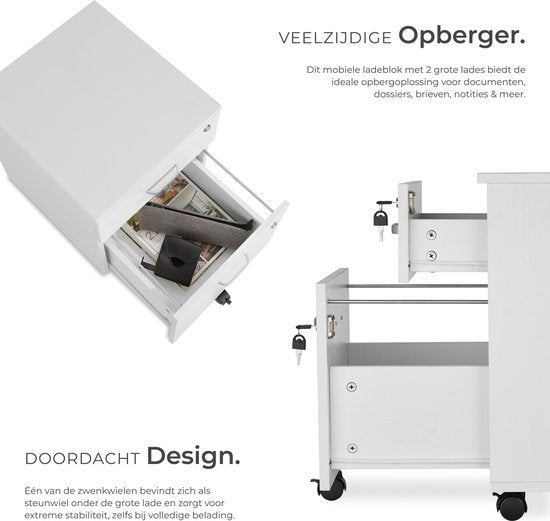 tectake® Ladenkastje - Met 2 afsluitbare lades, vergrendelbare wielen - Rolkast - Organizer - Perfect voor een georganiseerde werkplek - Kantoor, studeerkamer , thuiswerkplek - Wit